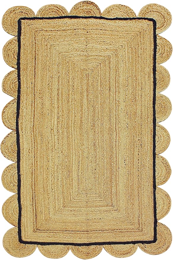 Scalloped Jute Rug, Hand Woven Runner Area Rug, 2.6x8 Ft Beige & Black Braided Natural Sisal Kilim Rugs for Living Room, Kitchen, Entryway, Farmhouse