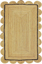 Scalloped Edge Rug, Hand Woven Natural Jute Area Rug, 4x6 Ft Beige & Black Braided Sisal Kilim Rugs for Living Room, Kitchen, Entryway, Farmhouse