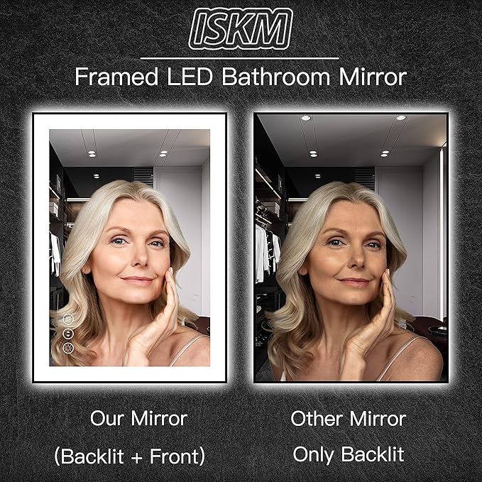 ISKM Framed LED Mirror for Bathroom 88"x38", Dimmable LED Bathroom Mirror with Lights, Anti-Fog, Front and Backlit Lighted Mirror 3-Colors, Shatterproof, Memory Function
