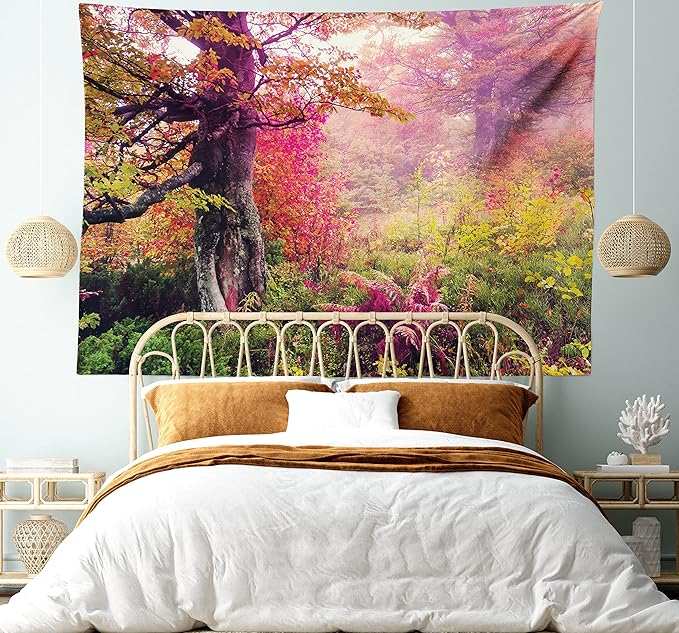 Ambesonne Forest Tapestry King Size, Majestic Landscape Autumn Trees in Woodland Natural Garden in Ukraine, Wall Hanging Bedspread Bed Cover Wall Decor, 104" X 88", Red Green Brown
