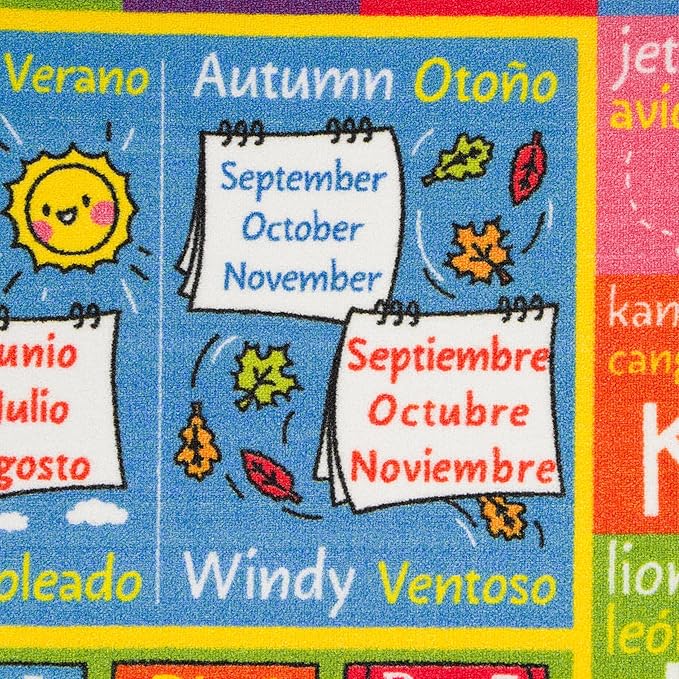 KC Cubs Bilingual Educational Kids Rug – English & Spanish ABC, Seasons & Days Mat – Language Learning Carpet Classroom & Playroom Baby-Toddler 5X7