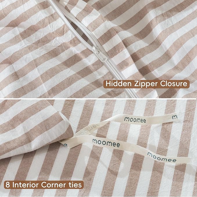 MooMee Striped Duvet Cover Set 100% Washed Cotton Linen Like Textured Breathable Durable Soft Comfy (Orange Classic Stripes, Palatial King/Oversized King 120"x98")