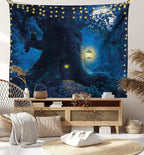 Ambesonne Forest Tapestry, Night with Home in Trunk of Enchanted Tree, Fabric Wall Hanging Decor for Bedroom Living Room Dorm, 30" X 45", Dark Night Blue Mustard