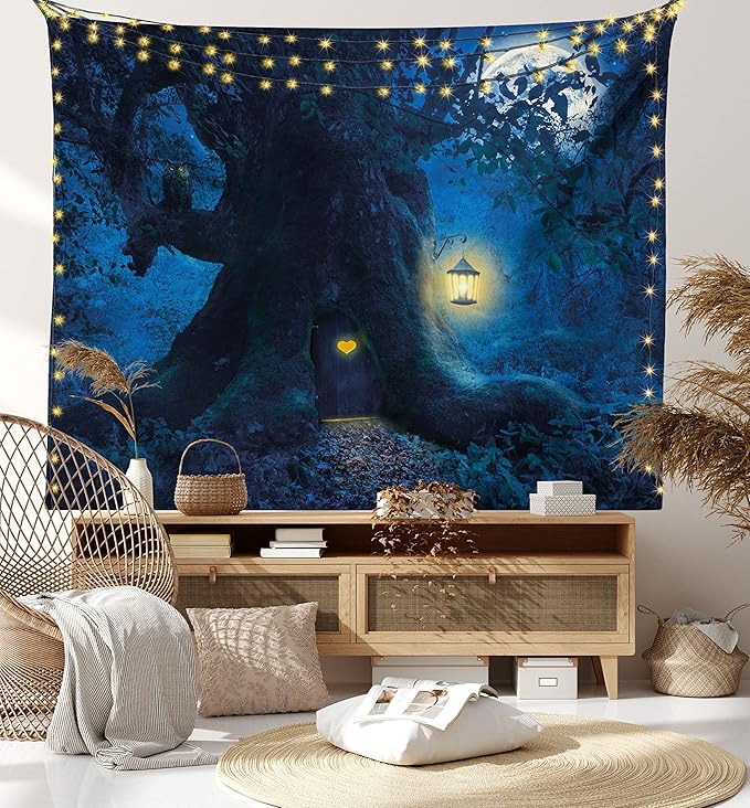Ambesonne Forest Tapestry Twin Size, Night with Home in Trunk of Enchanted Tree, Wall Hanging Bedspread Bed Cover Wall Decor, 68" X 88", Dark Night Blue Mustard