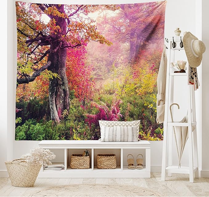 Ambesonne Forest Tapestry, Majestic Landscape Autumn Trees in Woodland Natural Garden in Ukraine, Wide Wall Hanging for Bedroom Living Room Dorm, 80" X 60", Red Green Brown