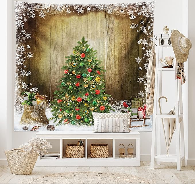 Ambesonne Christmas Tapestry, Pine Tree with Present Boxes on Snowy Board Xmas at Countryside Theme, Fabric Wall Hanging Decor for Bedroom Living Room Dorm, 28" X 23", Green Brown