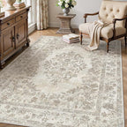 4x5 Area Rug Beige Washable Office Vintage Distressed Carpet Bedroom Indoor Neutral Medallion Floral Living Room Non Slip Retro Throw Floor Mat for Dining Room Kitchen Bathroom