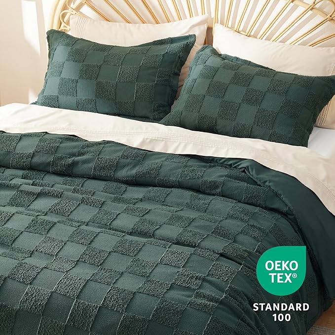 Bedsure Boho Kids Duvet Cover Queen Size（Duvet Insert/Comforter not Included - Ch eckered Duvet Cover Queenfor All Seasons,Soft Shabby Chic Boho Bedding (Green, 90" x 90")