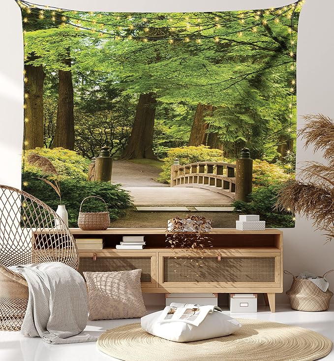 Ambesonne Japanese Tapestry, Wooden Bridge over Pond in Garden Calmness in Shadow of Trees Serenity in Nature, Fabric Wall Hanging Decor for Bedroom Living Room Dorm, 28" X 23", Green Brown