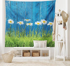Ambesonne Flower Tapestry, Fresh Springtime Grass and Daisy on Fence Summer Simple Vintage Style Print, Wide Wall Hanging for Bedroom Living Room Dorm, 60" X 40", Blue and Green