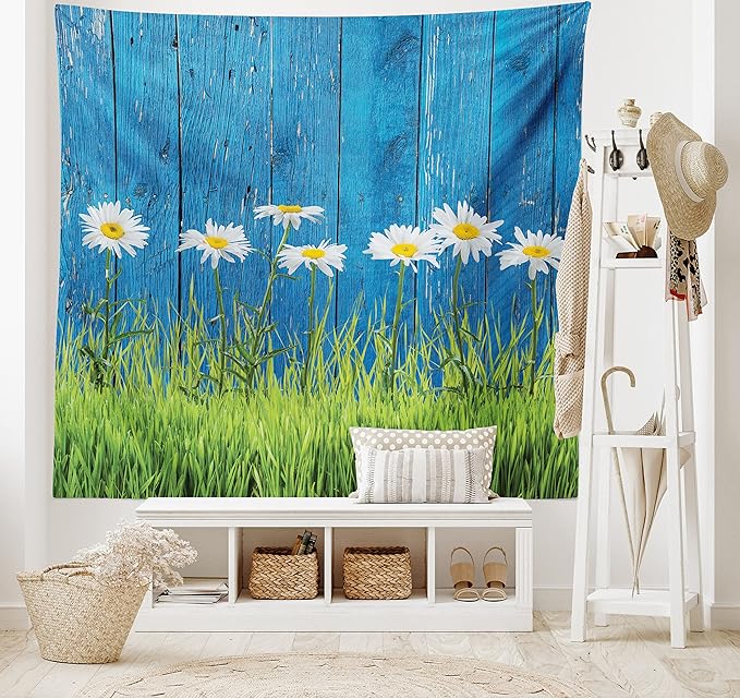 Ambesonne Flower Tapestry, Fresh Springtime Grass and Daisy on Fence Summer Simple Vintage Style Print, Wide Wall Hanging for Bedroom Living Room Dorm, 60" X 40", Blue and Green