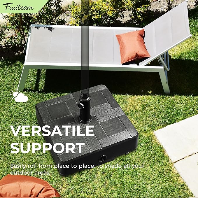 FRUITEAM 155lb Capacity Fillable Portable Umbrella Base with Wheels,Patio Umbrella Base Heavy Duty, Square Market Stand for Patio,Outdoor w/ 4 Wheels, 2 Knobs, Suitable for 6-12 ft Outdoor Umbrella