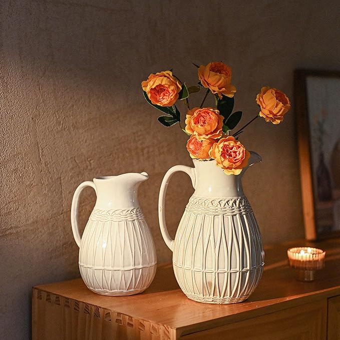 VICTOR & TERESA Small White Ceramic Pitcher Vase for Home Decor, 8'' Decorative Jug Vases Gift for Her, Farmhouse Distressed Vases for Flowers, Pampas Grass, Table Centerpieces, Kitchen, Mantel
