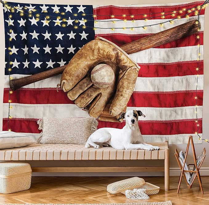 Ambesonne Baseball Tapestry, Vintage Baseball League Equipment Usa Grunge Glove Bat Fielding Sports Theme, Fabric Wall Hanging Decor for Bedroom Living Room Dorm, 30" X 45", Red Brown